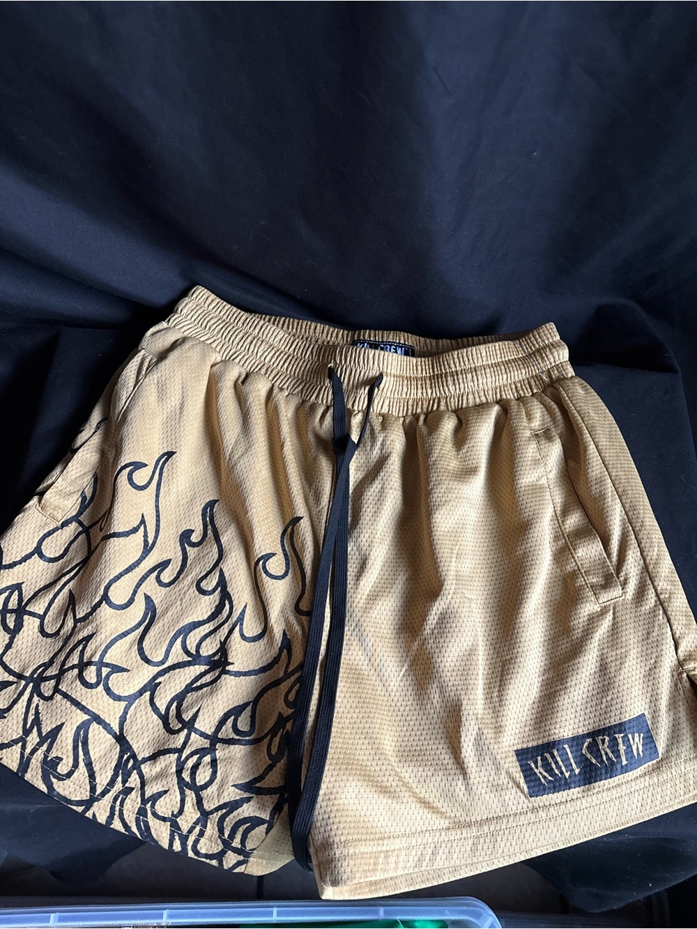 Kill Crew Tan Athletic Shorts with Black Flame Print
